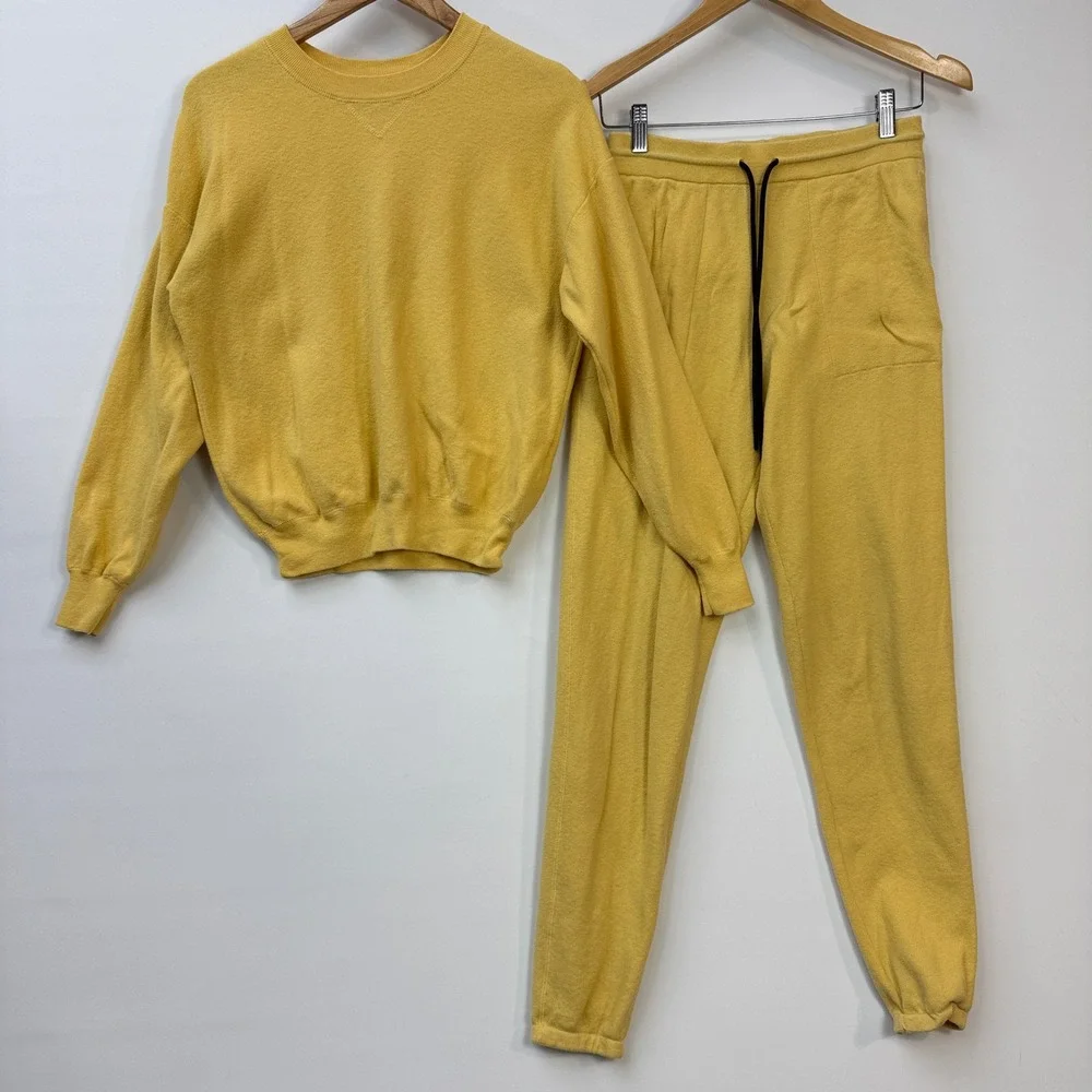 Naadam Sweatshirt Jogger Set Women S Yellow Cotton Cashmere 2 Piece Loungewear - Picture 2 of 16